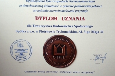 Dyplom Uznania od Ogólnopolskiej Izby Gospodarki Nieruchomościami za dotychczasową działalność